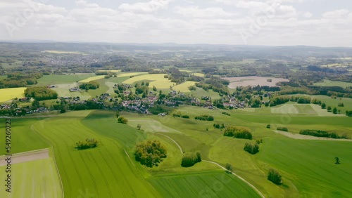 Aerial landscape view with a beautiful greenfield and high trees in Germany