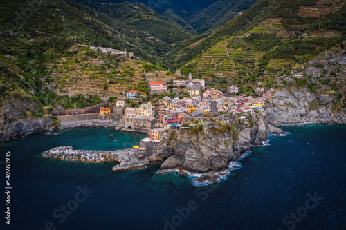 An aerial shot of Vernazza village by the sea, Cinque Terre, Italy. September 2022 © Сергій Вовк