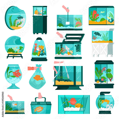 Aquarium fish and accessories, wildlife at home set, vector illustration. Flat fish swim in beautiful natural environment.