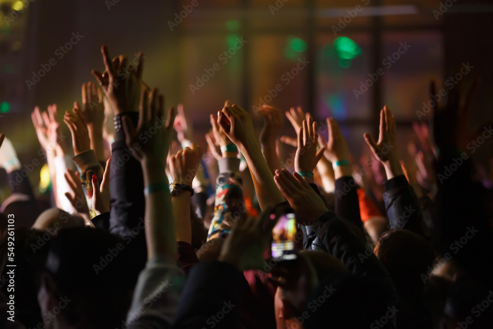 Concert crowd put hands up on dance floor. Group of happy young people enjoying music festival