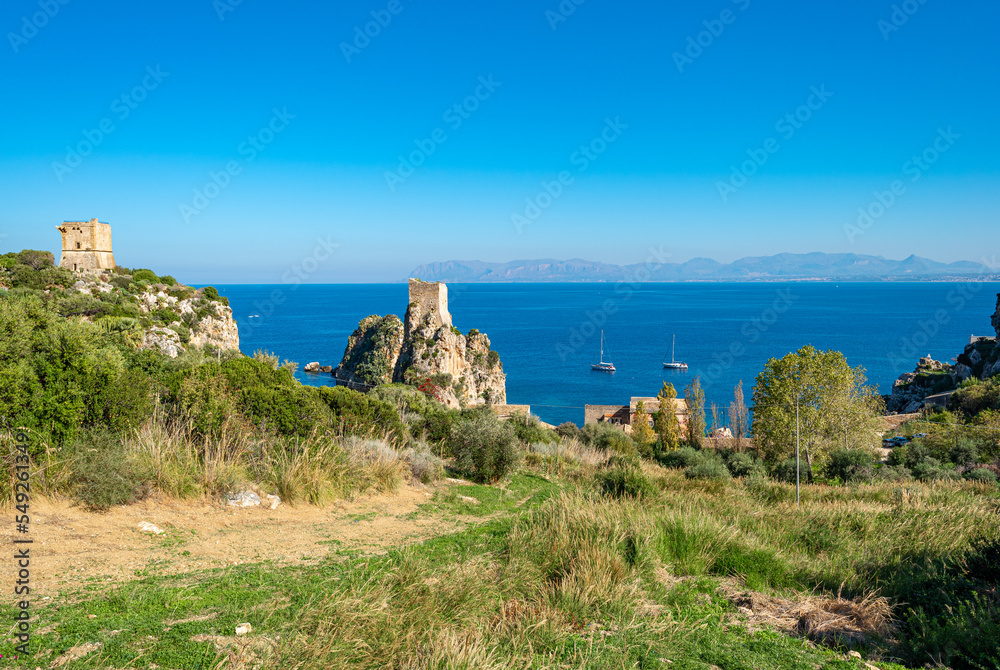 The watch towers Torre della Tonnara at the north coast of Sicily are part of the Tonnara of Scopello, the famous and former tuna factory and fishing station of the village of Scopello