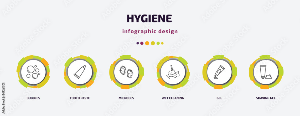 hygiene infographic template with icons and 6 step or option. hygiene icons such as bubbles, tooth paste, microbes, wet cleaning, gel, shaving gel vector. can be used for banner, info graph, web, hygiene infographic template with icons and 6 step or option. hygiene icons such as bubbles, tooth paste, microbes, wet cleaning, gel, shaving gel vector. can be used for banner, info graph, web,