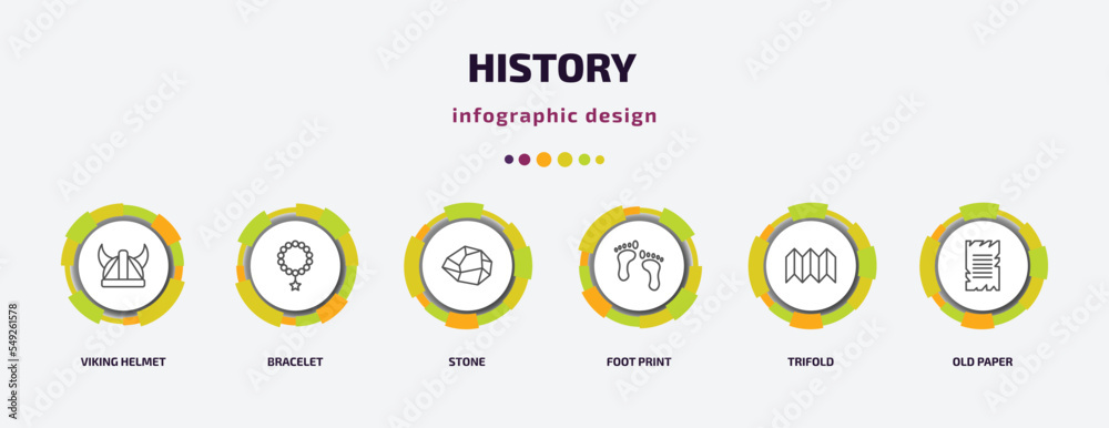 history infographic template with icons and 6 step or option. history icons such as viking helmet, bracelet, stone, foot print, trifold, old paper vector. can be used for banner, info graph, web, history infographic template with icons and 6 step or option. history icons such as viking helmet, bracelet, stone, foot print, trifold, old paper vector. can be used for banner, info graph, web,