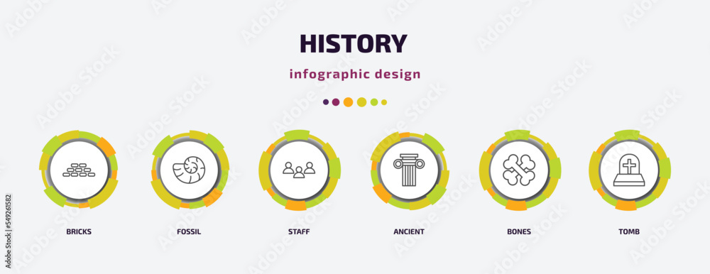 history infographic template with icons and 6 step or option. history icons such as bricks, fossil, staff, ancient, bones, tomb vector. can be used for banner, info graph, web, presentations. history infographic template with icons and 6 step or option. history icons such as bricks, fossil, staff, ancient, bones, tomb vector. can be used for banner, info graph, web, presentations.