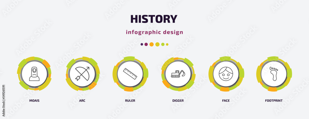 history infographic template with icons and 6 step or option. history icons such as moais, arc, ruler, digger, face, footprint vector. can be used for banner, info graph, web, presentations. history infographic template with icons and 6 step or option. history icons such as moais, arc, ruler, digger, face, footprint vector. can be used for banner, info graph, web, presentations.