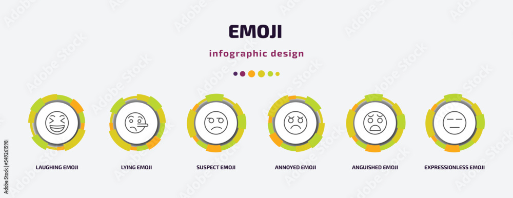 emoji infographic template with icons and 6 step or option. emoji icons such as laughing emoji, lying suspect annoyed anguished expressionless vector. can be used for banner, info graph, web, emoji infographic template with icons and 6 step or option. emoji icons such as laughing emoji, lying suspect annoyed anguished expressionless vector. can be used for banner, info graph, web,