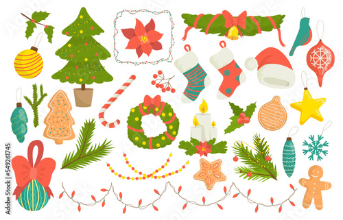 Festive decorative symbols, set christmas elements, vector illustration. Coll...