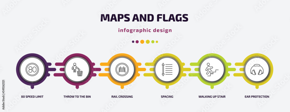 maps and flags infographic template with icons and 6 step or option. maps and flags icons such as 80 speed limit, throw to the bin, rail crossing, spacing, walking up stair, ear protection vector. maps and flags infographic template with icons and 6 step or option. maps and flags icons such as 80 speed limit, throw to the bin, rail crossing, spacing, walking up stair, ear protection vector.