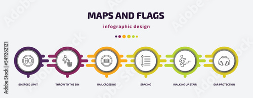 maps and flags infographic template with icons and 6 step or option. maps and flags icons such as 80 speed limit, throw to the bin, rail crossing, spacing, walking up stair, ear protection vector.