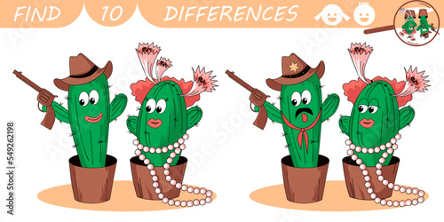 Find differences game for kids. Cactus cowboy, cowgirl and sheriff. Cacti flowerpots. Cartoon sketch vector illustration.
