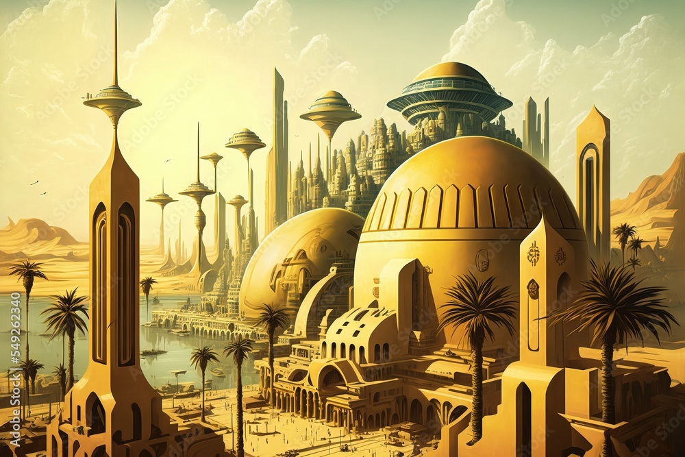 Futuristic Egypt. Sci-fi. Pyramid. Golden futuristic city. concept art ...