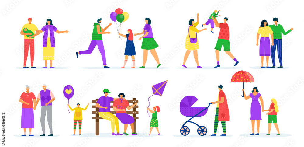 Flat family walk set, vector illustration. Happy man woman tiny charcater, elderly couple holding each other. Parents with children go to holiday