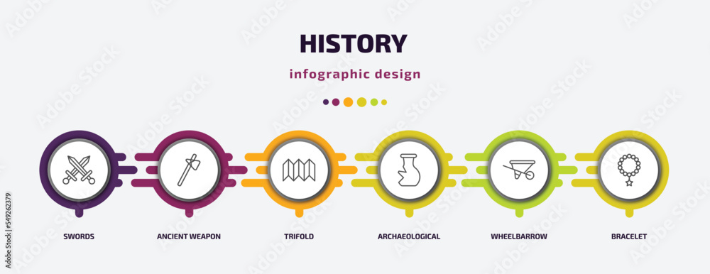 history infographic template with icons and 6 step or option. history icons such as swords, ancient weapon, trifold, archaeological, wheelbarrow, bracelet vector. can be used for banner, info graph, history infographic template with icons and 6 step or option. history icons such as swords, ancient weapon, trifold, archaeological, wheelbarrow, bracelet vector. can be used for banner, info graph,