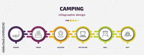 camping infographic template with icons and 6 step or option. camping icons such as fishing, tissue, location, pot on fire, grill, raft vector. can be used for banner, info graph, web,