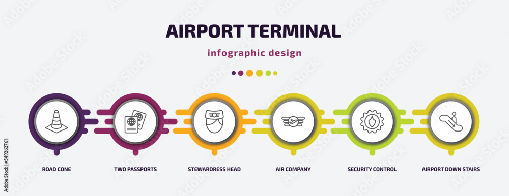 airport terminal infographic template with icons and 6 step or option. airport terminal icons such as road cone, two passports, stewardress head, air company, security control, airport down stairs airport terminal infographic template with icons and 6 step or option. airport terminal icons such as road cone, two passports, stewardress head, air company, security control, airport down stairs
