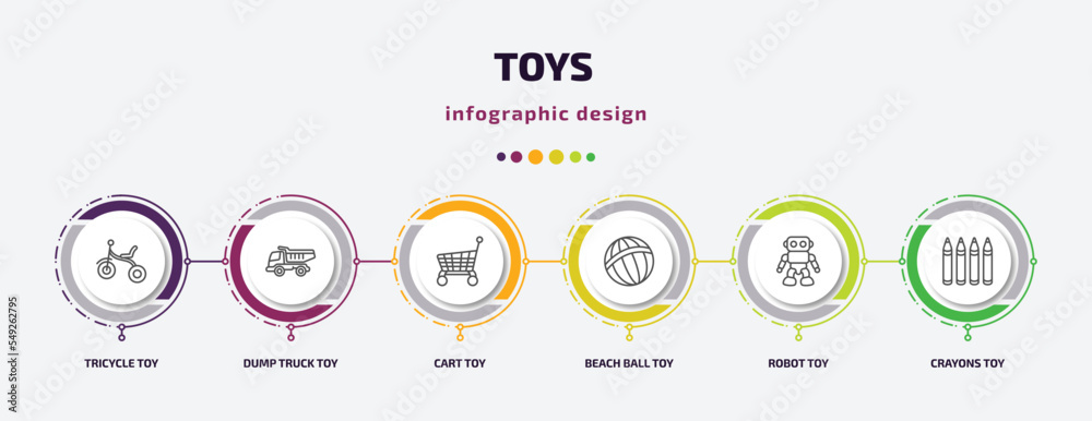 toys infographic template with icons and 6 step or option. toys icons such as tricycle toy, dump truck toy, cart toy, beach ball robot crayons vector. can be used for banner, info graph, web, toys infographic template with icons and 6 step or option. toys icons such as tricycle toy, dump truck toy, cart toy, beach ball robot crayons vector. can be used for banner, info graph, web,
