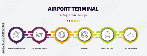 airport terminal infographic template with icons and 6 step or option. airport terminal icons such as airport placeholder, clutery for lunch, , lifeboat, direction post, tray with cover vector. can