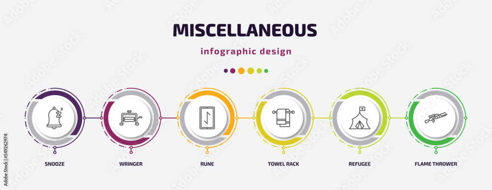 miscellaneous infographic template with icons and 6 step or option. miscellaneous icons such as snooze, wringer, rune, towel rack, refugee, flame thrower vector. can be used for banner, info graph, miscellaneous infographic template with icons and 6 step or option. miscellaneous icons such as snooze, wringer, rune, towel rack, refugee, flame thrower vector. can be used for banner, info graph,