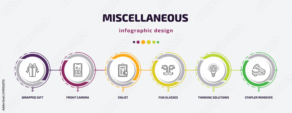 miscellaneous infographic template with icons and 6 step or option. miscellaneous icons such as wrapped gift, front camera, enlist, fun glasses, thinking solutions, stapler remover vector. can be miscellaneous infographic template with icons and 6 step or option. miscellaneous icons such as wrapped gift, front camera, enlist, fun glasses, thinking solutions, stapler remover vector. can be