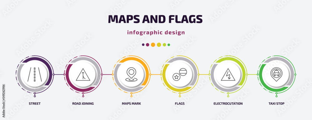 maps and flags infographic template with icons and 6 step or option. maps and flags icons such as street, road joining, maps mark, flags, electrocutation danger, taxi stop vector. can be used for maps and flags infographic template with icons and 6 step or option. maps and flags icons such as street, road joining, maps mark, flags, electrocutation danger, taxi stop vector. can be used for