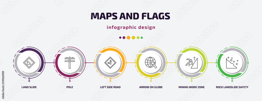 maps and flags infographic template with icons and 6 step or option. maps and flags icons such as land slide, pole, left side road, arrow on globe, mining work zone, rock landslide safety vector. maps and flags infographic template with icons and 6 step or option. maps and flags icons such as land slide, pole, left side road, arrow on globe, mining work zone, rock landslide safety vector.