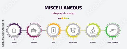 miscellaneous infographic template with icons and 6 step or option. miscellaneous icons such as snooze, wringer, rune, towel rack, refugee, flame thrower vector. can be used for banner, info graph,
