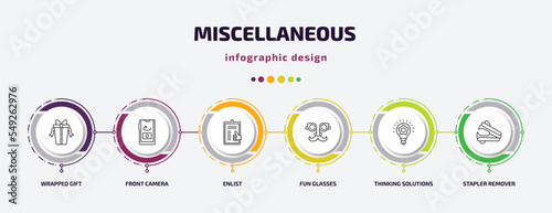 miscellaneous infographic template with icons and 6 step or option. miscellaneous icons such as wrapped gift, front camera, enlist, fun glasses, thinking solutions, stapler remover vector. can be