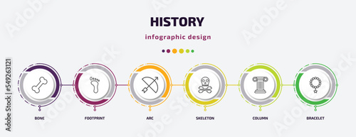 history infographic template with icons and 6 step or option. history icons such as bone, footprint, arc, skeleton, column, bracelet vector. can be used for banner, info graph, web, presentations.