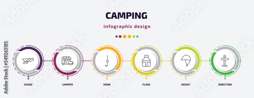 camping infographic template with icons and 6 step or option. camping icons such as canoe, camper, hook, flask, jockey, direction vector. can be used for banner, info graph, web, presentations.