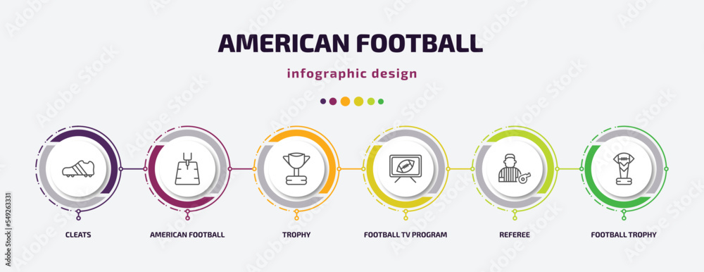 american football infographic template with icons and 6 step or option. american football icons such as cleats, american football field, trophy, tv program, referee, trophy vector. can be used for