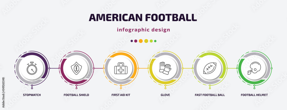 american football infographic template with icons and 6 step or option. american football icons such as stopwatch, football shield, first aid kit, glove, fast ball, helmet vector. can be used for american football infographic template with icons and 6 step or option. american football icons such as stopwatch, football shield, first aid kit, glove, fast ball, helmet vector. can be used for