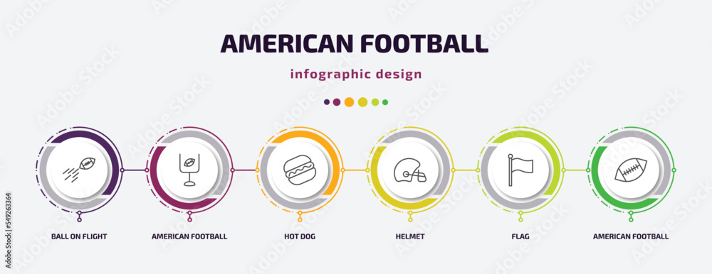 american football infographic template with icons and 6 step or option. american football icons such as ball on flight, american football goal, hot dog, helmet, flag, vector. can be used for banner, american football infographic template with icons and 6 step or option. american football icons such as ball on flight, american football goal, hot dog, helmet, flag, vector. can be used for banner,