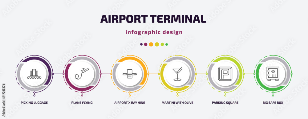 airport terminal infographic template with icons and 6 step or option. airport terminal icons such as picking luggage, plane flying, airport x ray hine, martini with olive, parking square, big safe airport terminal infographic template with icons and 6 step or option. airport terminal icons such as picking luggage, plane flying, airport x ray hine, martini with olive, parking square, big safe