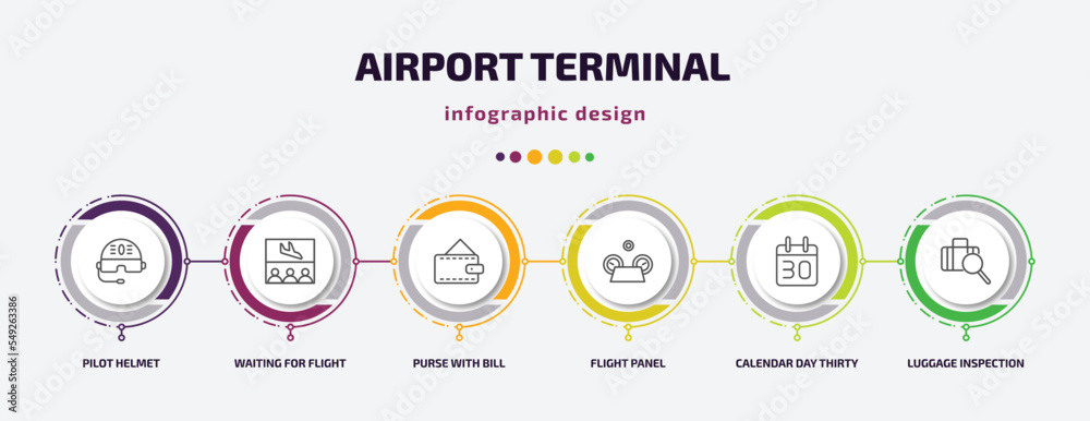 airport terminal infographic template with icons and 6 step or option. airport terminal icons such as pilot helmet, waiting for flight, purse with bill, flight panel, calendar day thirty, luggage airport terminal infographic template with icons and 6 step or option. airport terminal icons such as pilot helmet, waiting for flight, purse with bill, flight panel, calendar day thirty, luggage