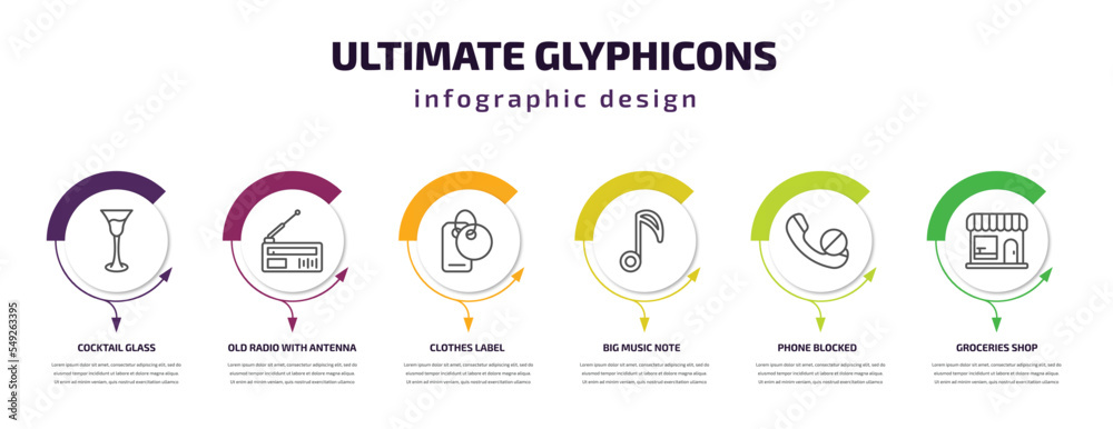 Fototapeta premium ultimate glyphicons infographic template with icons and 6 step or option. ultimate glyphicons icons such as cocktail glass, old radio with antenna, clothes label, big music note, phone blocked,