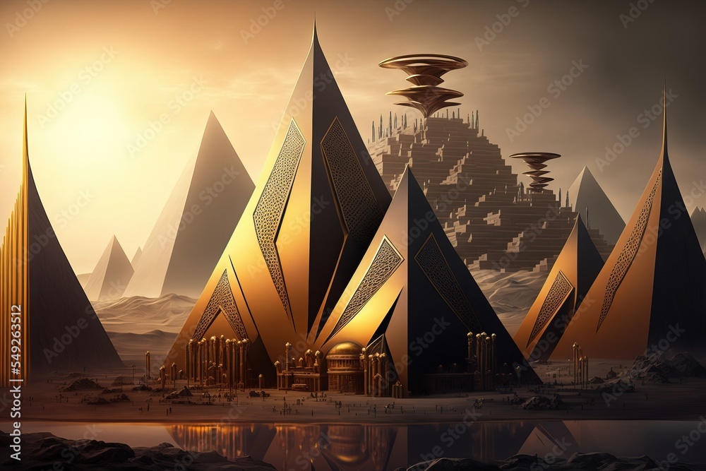 Futuristic Egypt. Sci-fi. Pyramid. Golden futuristic city. concept art ...