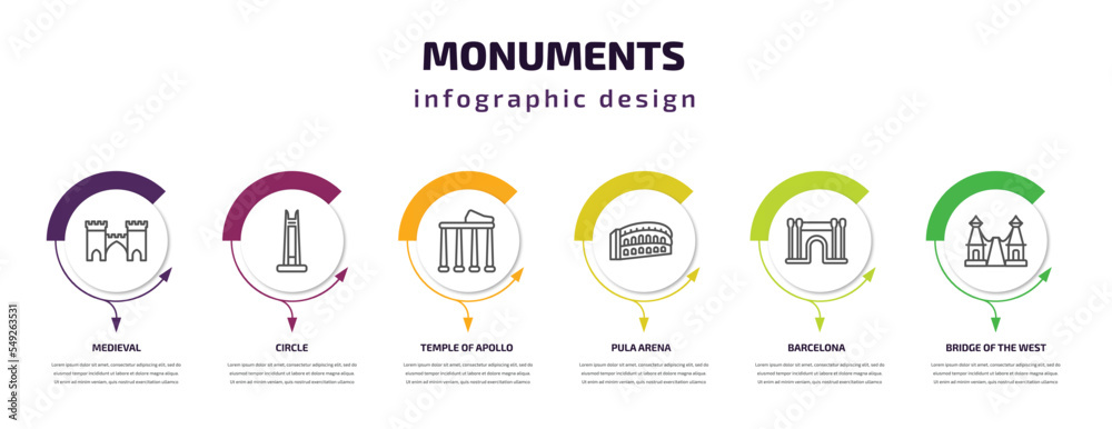 monuments infographic template with icons and 6 step or option. monuments icons such as medieval, circle, temple of apollo, pula arena, barcelona, bridge of the west vector. can be used for banner, monuments infographic template with icons and 6 step or option. monuments icons such as medieval, circle, temple of apollo, pula arena, barcelona, bridge of the west vector. can be used for banner,