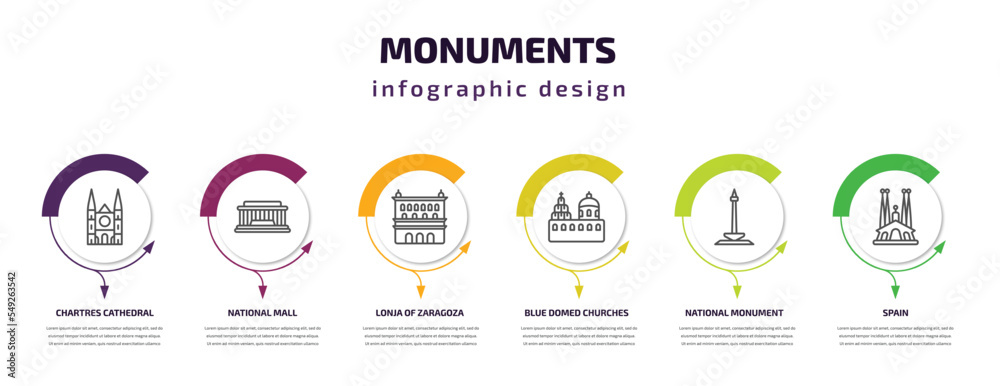 monuments infographic template with icons and 6 step or option. monuments icons such as chartres cathedral, national mall, lonja of zaragoza, blue domed churches, national monument monas, spain