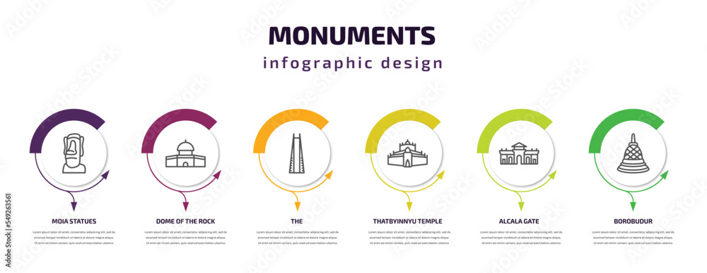 monuments infographic template with icons and 6 step or option. monuments icons such as moia statues, dome of the rock, the, thatbyinnyu temple, alcala gate, borobudur vector. can be used for