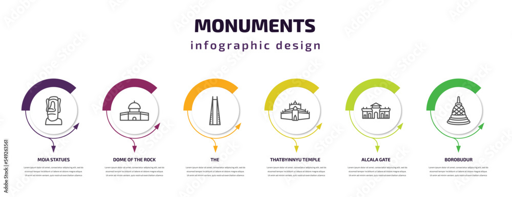 monuments infographic template with icons and 6 step or option. monuments icons such as moia statues, dome of the rock, the, thatbyinnyu temple, alcala gate, borobudur vector. can be used for monuments infographic template with icons and 6 step or option. monuments icons such as moia statues, dome of the rock, the, thatbyinnyu temple, alcala gate, borobudur vector. can be used for
