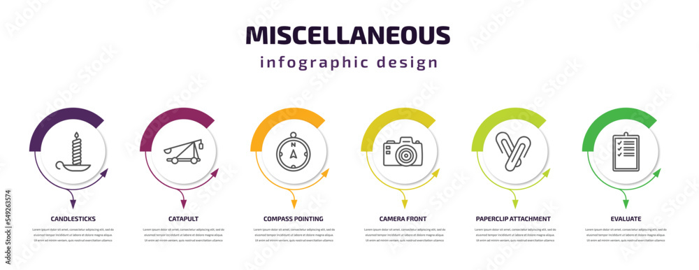 Fototapeta premium miscellaneous infographic template with icons and 6 step or option. miscellaneous icons such as candlesticks, catapult, compass pointing north, camera front, paperclip attachment, evaluate vector.