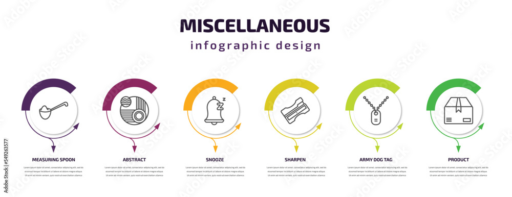 miscellaneous infographic template with icons and 6 step or option. miscellaneous icons such as measuring spoon, abstract, snooze, sharpen, army dog tag, product vector. can be used for banner, info