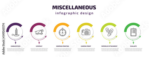 miscellaneous infographic template with icons and 6 step or option. miscellaneous icons such as candlesticks, catapult, compass pointing north, camera front, paperclip attachment, evaluate vector.