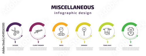 miscellaneous infographic template with icons and 6 step or option. miscellaneous icons such as scissor, flame thrower, swiss, diminish, towel rack, will vector. can be used for banner, info graph, © Farahim