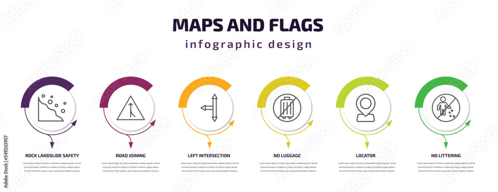 maps and flags infographic template with icons and 6 step or option. maps and flags icons such as rock landslide safety, road joining, left intersection, no luggage, locator, no littering vector.