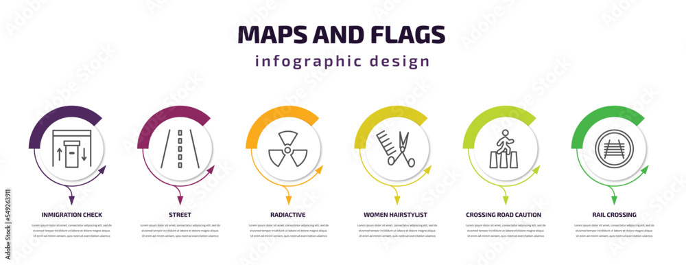 maps and flags infographic template with icons and 6 step or option. maps and flags icons such as inmigration check point, street, radiactive, women hairstylist, crossing road caution, rail crossing maps and flags infographic template with icons and 6 step or option. maps and flags icons such as inmigration check point, street, radiactive, women hairstylist, crossing road caution, rail crossing