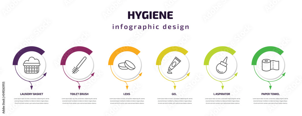 hygiene infographic template with icons and 6 step or option. hygiene icons such as laundry basket, toilet brush, lens, gel, l aspirator, paper towel vector. can be used for banner, info graph, web,