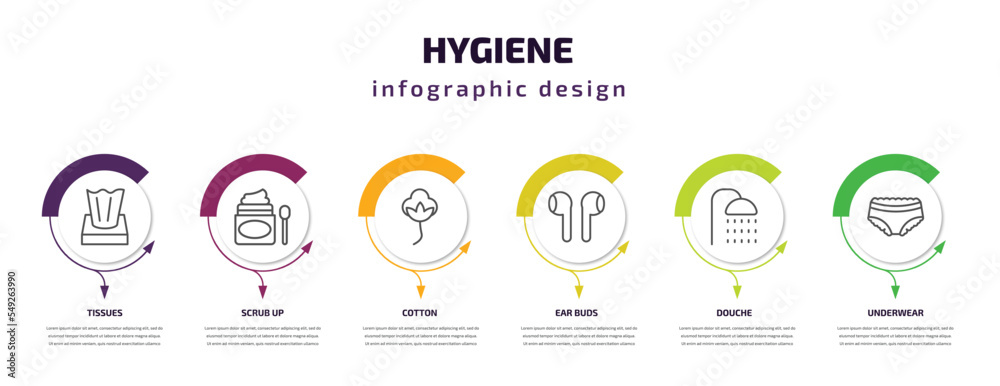 hygiene infographic template with icons and 6 step or option. hygiene icons such as tissues, scrub up, cotton, ear buds, douche, underwear vector. can be used for banner, info graph, web,