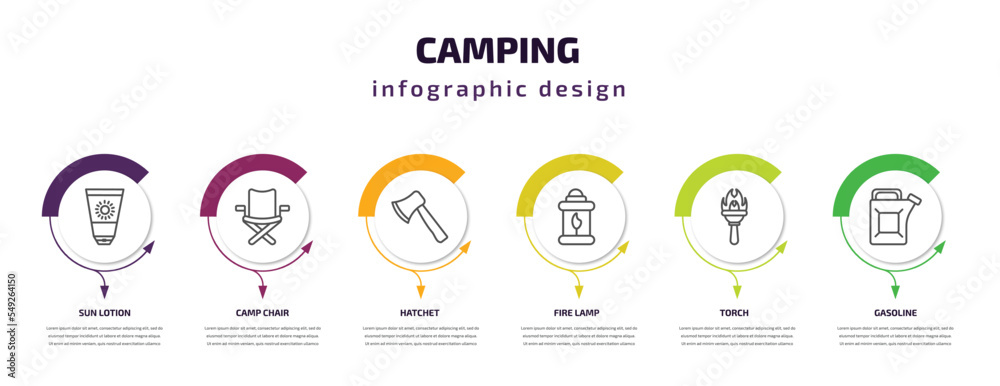 camping infographic template with icons and 6 step or option. camping icons such as sun lotion, camp chair, hatchet, fire lamp, torch, gasoline vector. can be used for banner, info graph, web,