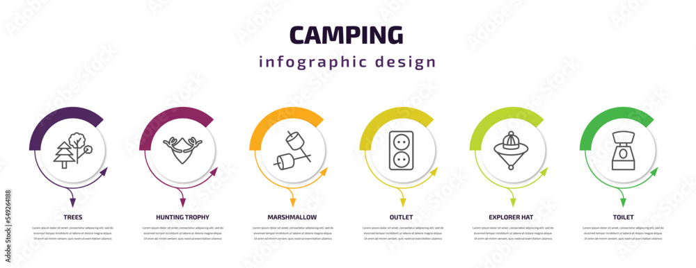 camping infographic template with icons and 6 step or option. camping icons such as trees, hunting trophy, marshmallow, outlet, explorer hat, toilet vector. can be used for banner, info graph, web, camping infographic template with icons and 6 step or option. camping icons such as trees, hunting trophy, marshmallow, outlet, explorer hat, toilet vector. can be used for banner, info graph, web,